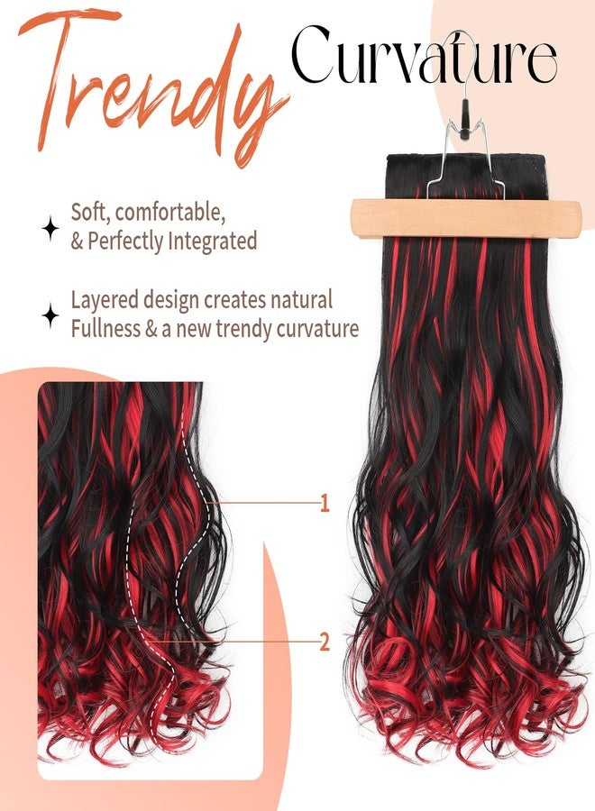 KooKaStyle Clip In Hair Extensions, Natural Long Layered Soft Invisible Synthetic Curly Wavy Hairpieces for Women, 4 pcs (20 Inch,Black Mix Red Highlights) - Image 2